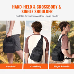 Black 10L tactical sling bag shown in handheld, crossbody, and single shoulder carry modes on models outdoors.