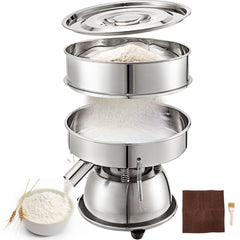Stainless steel electric sieve shaker with 12 and 80 mesh sieves for efficient powder processing.