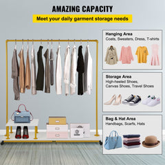 Gold heavy-duty rolling garment rack with two tiers and four locking casters for mobility.