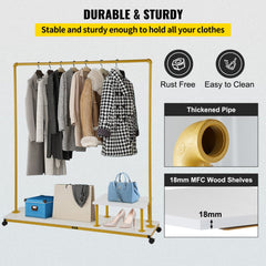 Gold heavy-duty rolling garment rack with two tiers for clothes and accessories organization.