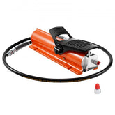 Bostome 10,000 PSI Air Hydraulic Foot Pump with a 0.18 Gal reservoir and reinforced rubber hose.