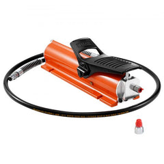 Bostome 10,000 PSI Air Hydraulic Foot Pump with a 0.18 Gal reservoir and reinforced rubber hose.