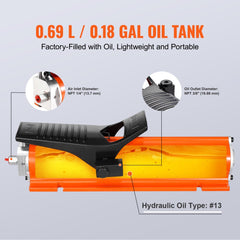 Bostome air hydraulic foot pump with 0.18 gal reservoir and reinforced rubber hose.