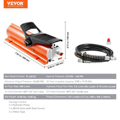 Bostome air hydraulic foot pump with 0.18 gal reservoir and reinforced rubber hose.