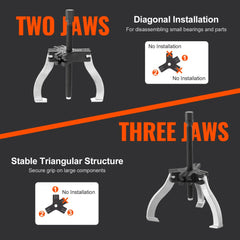 Two gear pullers: 3-inch with two or three reversible jaws, and 7-inch with three-jaw triangular structure.