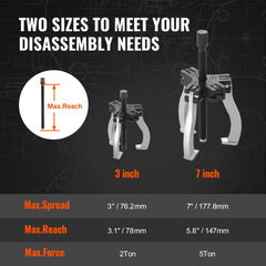 Image of Bostome 3-inch and 7-inch 3-jaw reversible gear puller set with specs for spread, reach, and force.