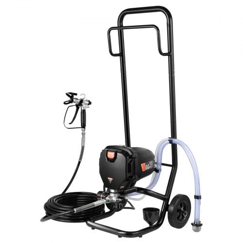 Black stand-mounted airless paint sprayer with cart, 750W motor, hose, and gun.