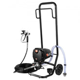 Black stand-mounted airless paint sprayer with cart, 750W motor, hose, and gun.