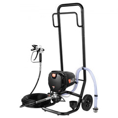 Black stand-mounted airless paint sprayer with cart, 750W motor, hose, and gun.