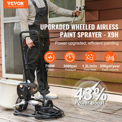 Man using a 750W 3000PSI wheeled airless paint sprayer with cart on a wooden deck.