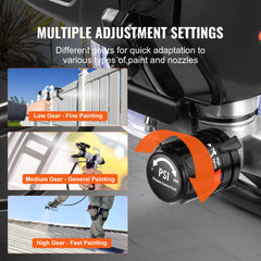 Stand airless paint sprayer with cart showing multiple gear settings for fine, general, and fast painting.