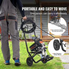 A man pushes a wheeled airless paint sprayer cart with hose on grass.