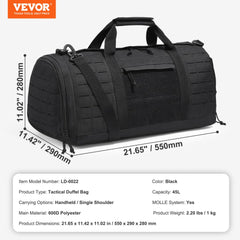A black 45L tactical duffle bag with MOLLE system and a waterproof shoe compartment.
