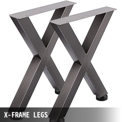 Pair of black heavy-duty steel X-frame table legs, 28x24 inches, with mounting plates and adjustable feet.