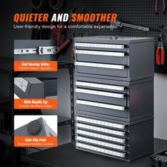 Gray steel 5-drawer organizer cabinet with labeled compartments for #1-#60 drill bits and ball-bearing slides.