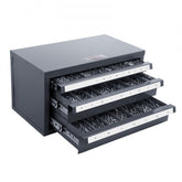 Black steel three-drawer cabinet organizer with compartments for 1-13mm drill bits.