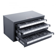 Black steel three-drawer cabinet organizer with labeled A-Z drill bit compartments.