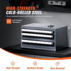 Gray steel three-drawer cabinet organizer with A-Z labeled compartments for drill bits.