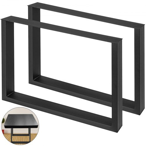 Set of two black steel table legs, 28 inches high and 35 inches wide, heavy duty.