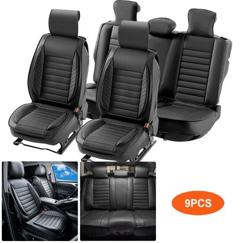 Black faux leather 9-piece universal car seat covers set for full interior protection.