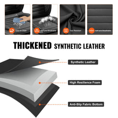 Black faux leather car seat covers full set with 9 pieces, showing easy cleaning, breathability, and layered construction.
