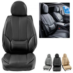 Black faux leather universal front car seat covers, 6-piece set, airbag compatible, shown in multiple colors.