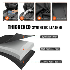 Black faux leather car seat covers with synthetic leather, high-resilience foam, and anti-slip bottom layers.