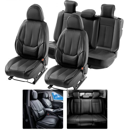 Black faux leather car seat covers set, includes 13 pieces for full interior protection.