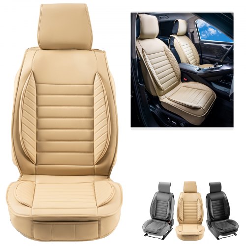 Beige faux leather car seat covers in a 2-piece front set for sedans, SUVs, and trucks.