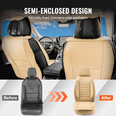 Beige faux leather car seat covers in a 2-piece front set for sedans, SUVs, and trucks.