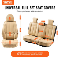 Beige faux leather universal car seat covers full set with 13 pieces shown on seats with dimensions.