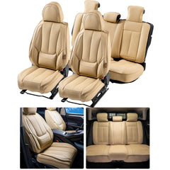 Beige faux leather universal car seat covers, full 13-piece set for front and rear seats.