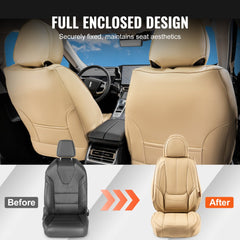 Beige faux leather car seat covers in a 6-piece set, designed for sedans, SUVs, and trucks.