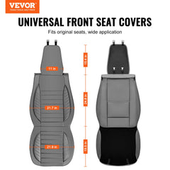 Gray faux leather universal front car seat covers for two seats, shown installed with dimensions.