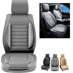 Gray faux leather universal front car seat covers for vehicles, shown in two-piece set.