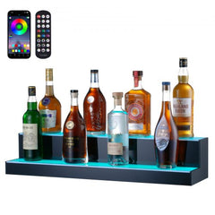 Two-tier LED liquor bottle display with multicolor lighting and remote control features.