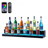 A 40-inch two-tier LED lighted shelf displaying colorful liquor bottles, with app and remote controls shown.