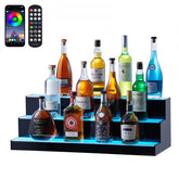 30-inch 3-step bar shelf with multicolor LED lights and acrylic construction for liquor display.