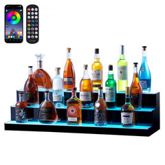 Acrylic 3-tier liquor bottle display with multicolor LED lighting and remote control.