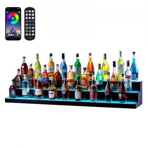 60-inch 3-tier LED lighted liquor bottle display shelf with app control and multicolor lights.