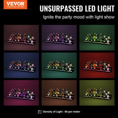 Three-tier 60-inch liquor bottle display shelf with multicolor LED lighting and RF app control.