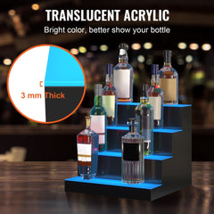 A 4-step acrylic bar shelf with multicolor LED lighting for liquor bottle display.