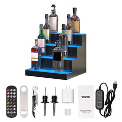 A four-step acrylic bar shelf with multicolor LED lighting for liquor bottle display.