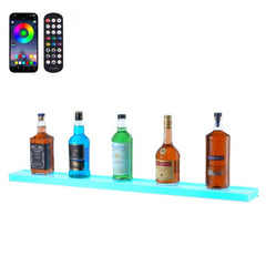 Wall-mounted 40-inch acrylic liquor bottle display shelf with LED lighting effects.