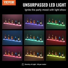 Wall-mounted 40-inch acrylic liquor bottle display shelf with LED lighting effects.