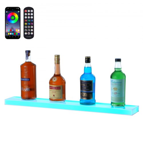 Wall-mounted acrylic bar shelf with LED lights, designed for displaying liquor bottles.
