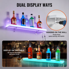 Wall-mounted 30-inch acrylic bar shelf with LED lighting for liquor bottle display.
