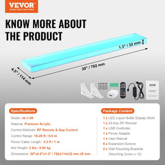 Wall-mounted 30-inch acrylic shelf with LED lighting for displaying liquor bottles.