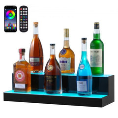 24-inch two-step LED liquor bottle display shelf with multicolor lighting and acrylic construction.