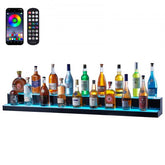 60-inch black LED lighted liquor bottle display shelf with app and remote controls, holding multiple colorful bottles.